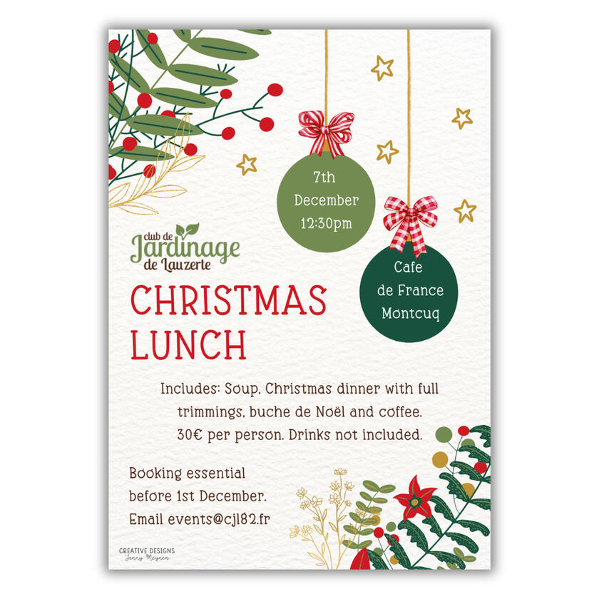 Garden Club Christmas poster. Red and green with text and Christmas decorations and foliage.