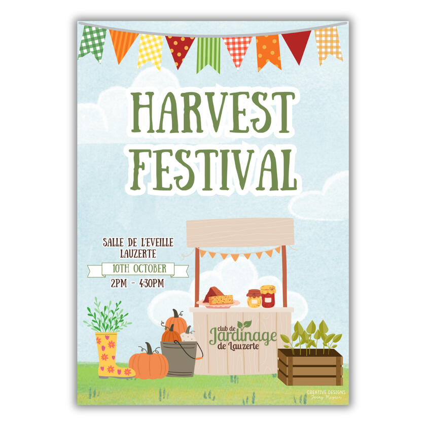 Garden club Harvest Festival poster in a cute style with images of wooden stall, wellington boots and pumpkins.