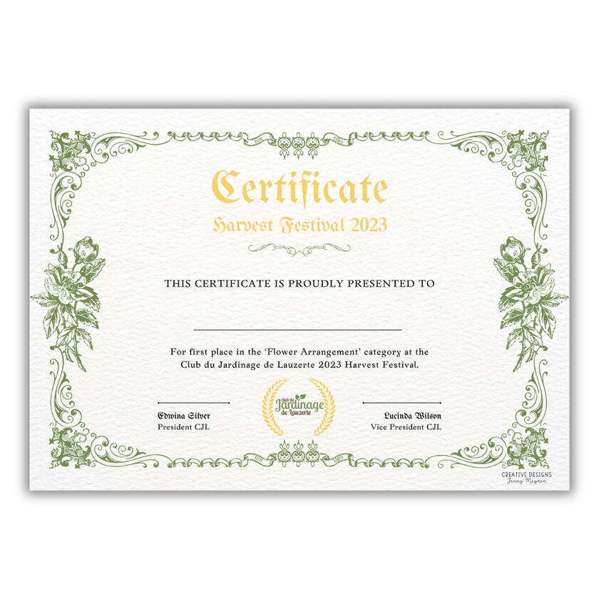 Garden Club award certificate in association colours brown and green, with added gold. Ornate border and traditional style.