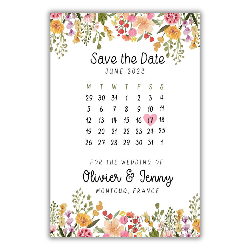 Save The Date: Multicoloured floral design. Black text and June calendar with pink heart marking the date.