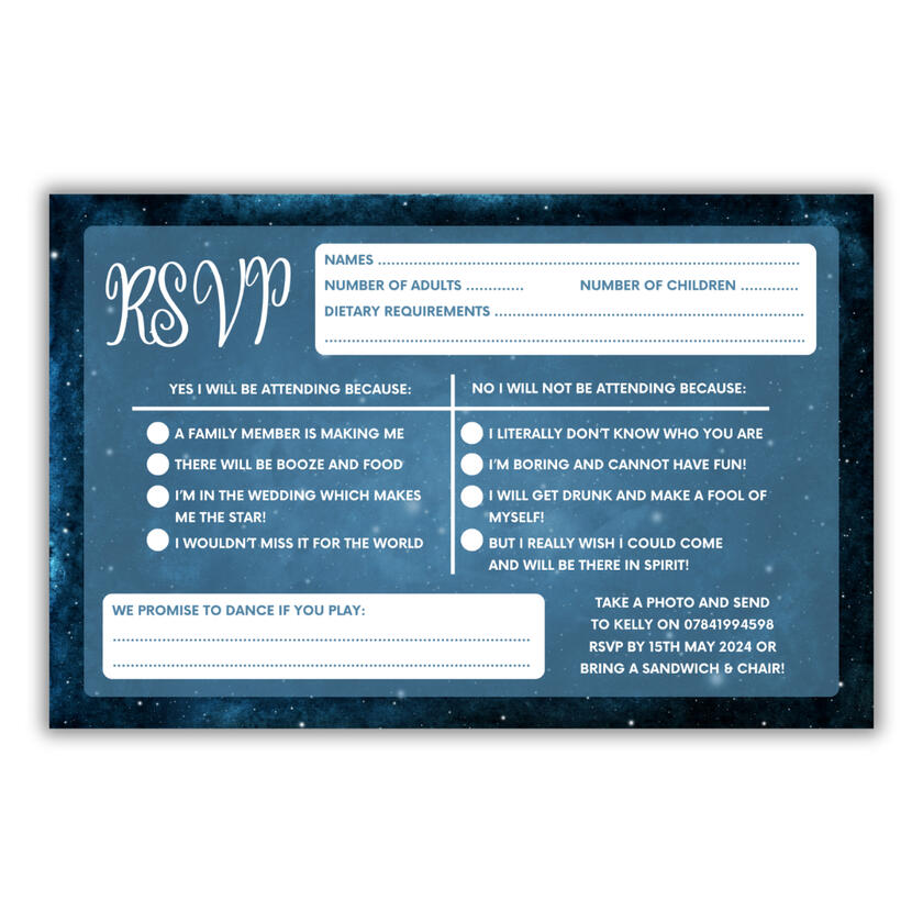 Wedding invitation back: Starry night sky and strings of lights, additional details in white text.