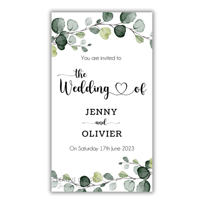 Wedding invitation: Green foliage design. Couples names and event details in elegant black text.