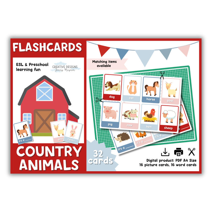Front cover design for country animals ESL flashcards. Red and blue colour scheme with text and decorative graphics.