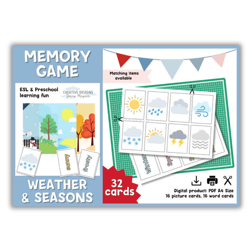 Front cover design for weather ESL memory game. Blue colour scheme with text and decorative graphics.