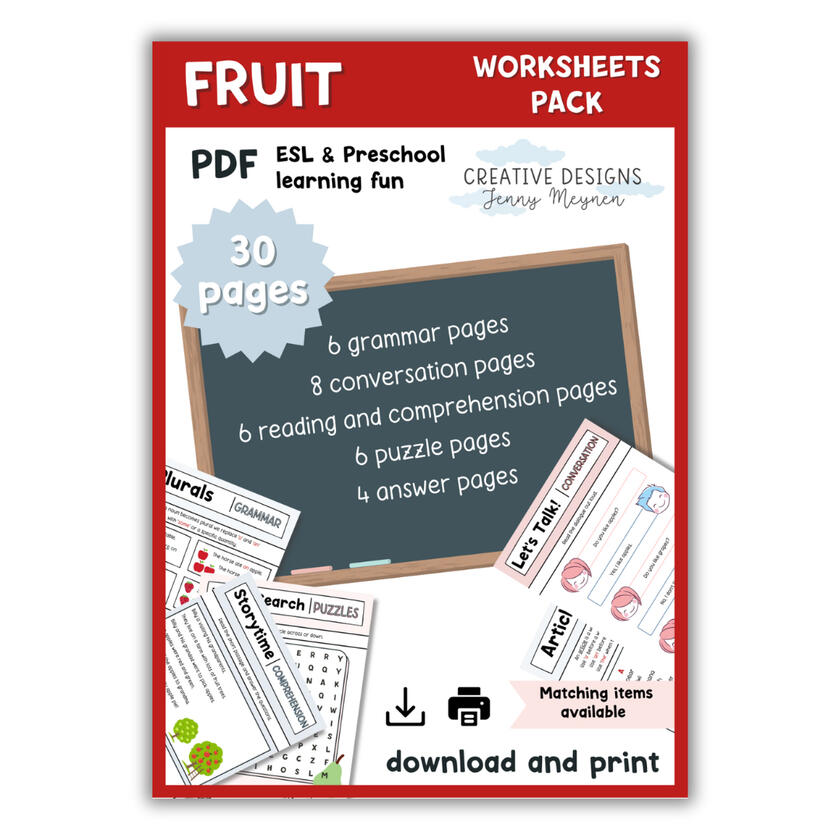 Front cover design for ESL fruit worksheets. Red colour scheme with text and example page graphics.