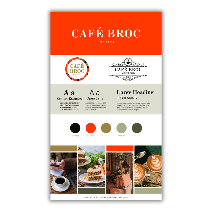 Branding page for Café Broc Montcuq including: logo, fonts, colours and mood board