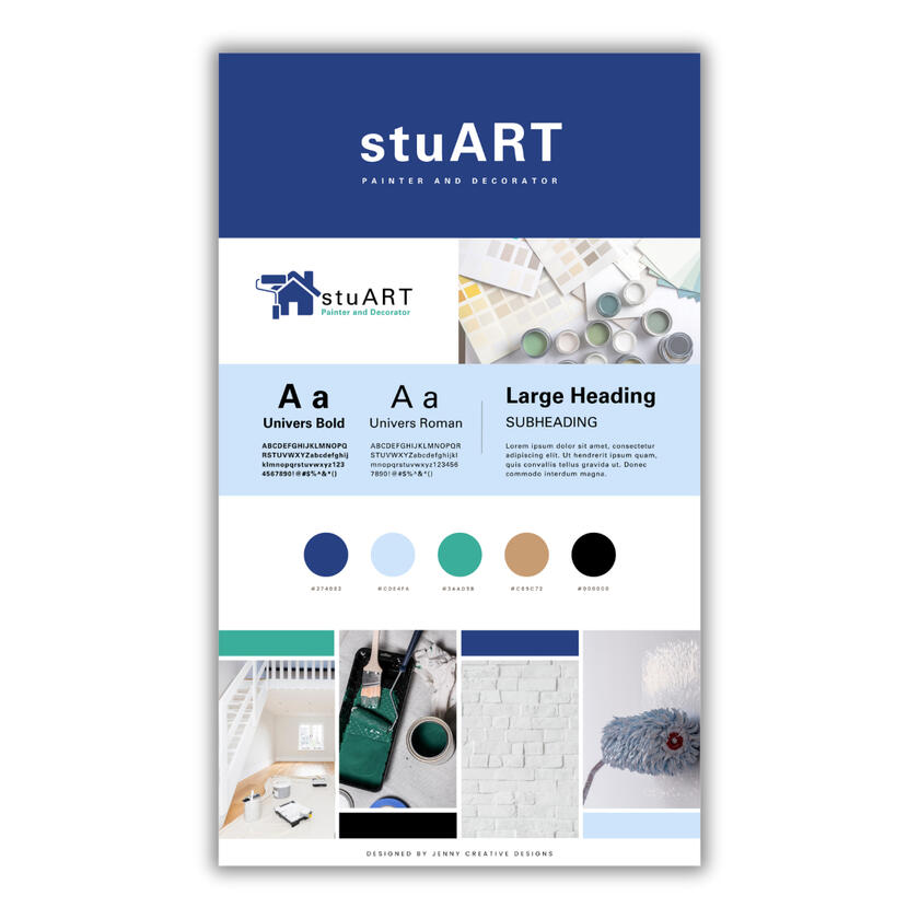 Branding page for stuART including: logo, fonts, colour palette and mood board