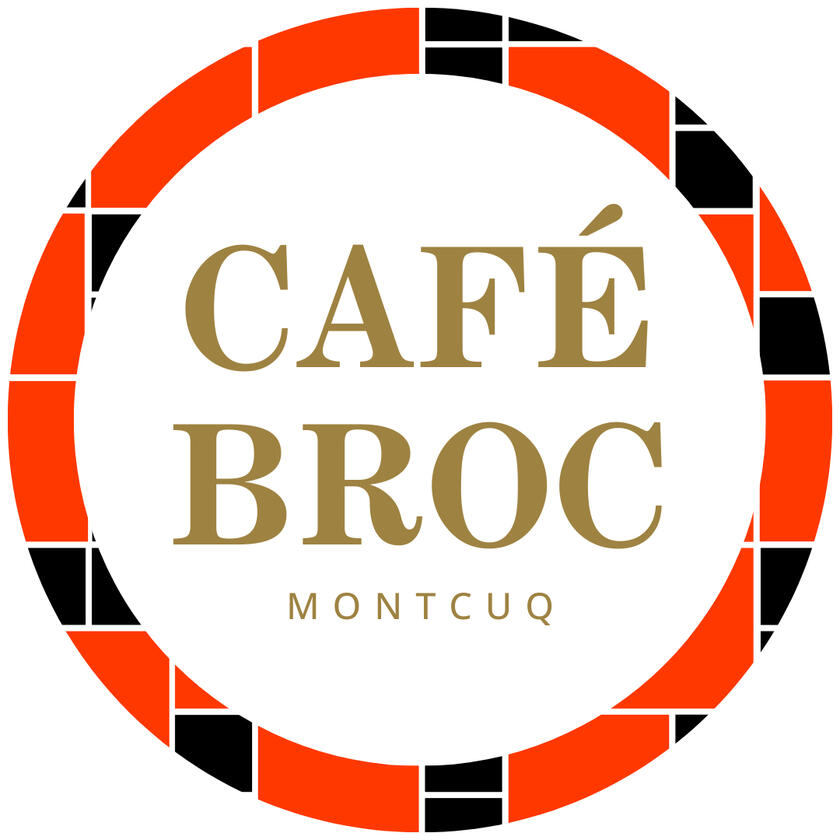 Logo circle, tiles, orange/red and black. Vintage font gold